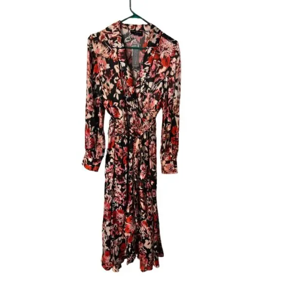 Lane Bryant Blouson-Sleeve Shawl-Collar Faux-Wrap Midi Dress Ikat Floral NWT 18 - Picture 2 of 8